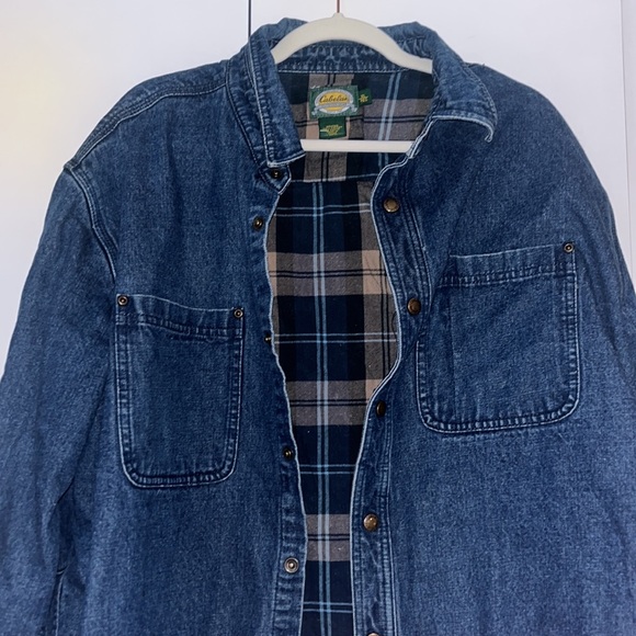 Cabela's Blue Jean Flannel Green Plaid Lined Cotton Denim Jean Jacket Men's Size - Picture 3 of 6
